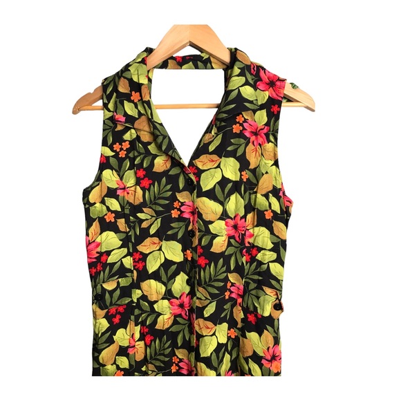 Erika | Vintage cut out back leaf floral print black dress - Picture 2 of 9